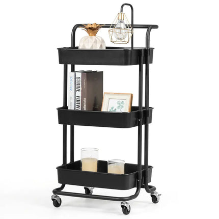 3-Tier Utility Cart Storage Rolling Cart with Casters-Black Costway