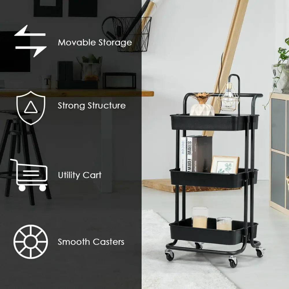 3-Tier Utility Cart Storage Rolling Cart with Casters-Black - Black - Kitchen Islands & Carts