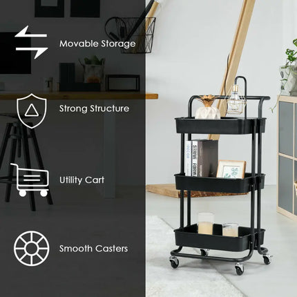 3-Tier Utility Cart Storage Rolling Cart with Casters-Black Costway