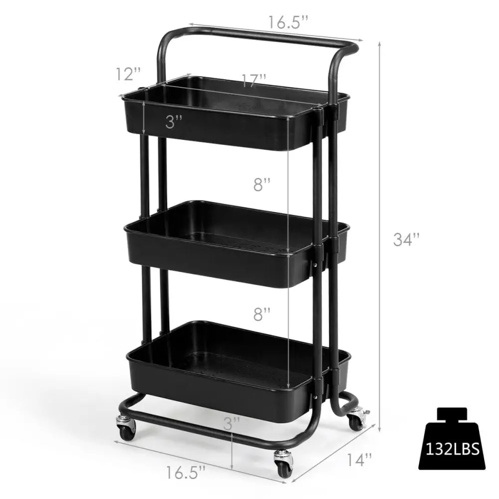3-Tier Utility Cart Storage Rolling Cart with Casters-Black - Black - Kitchen Islands & Carts