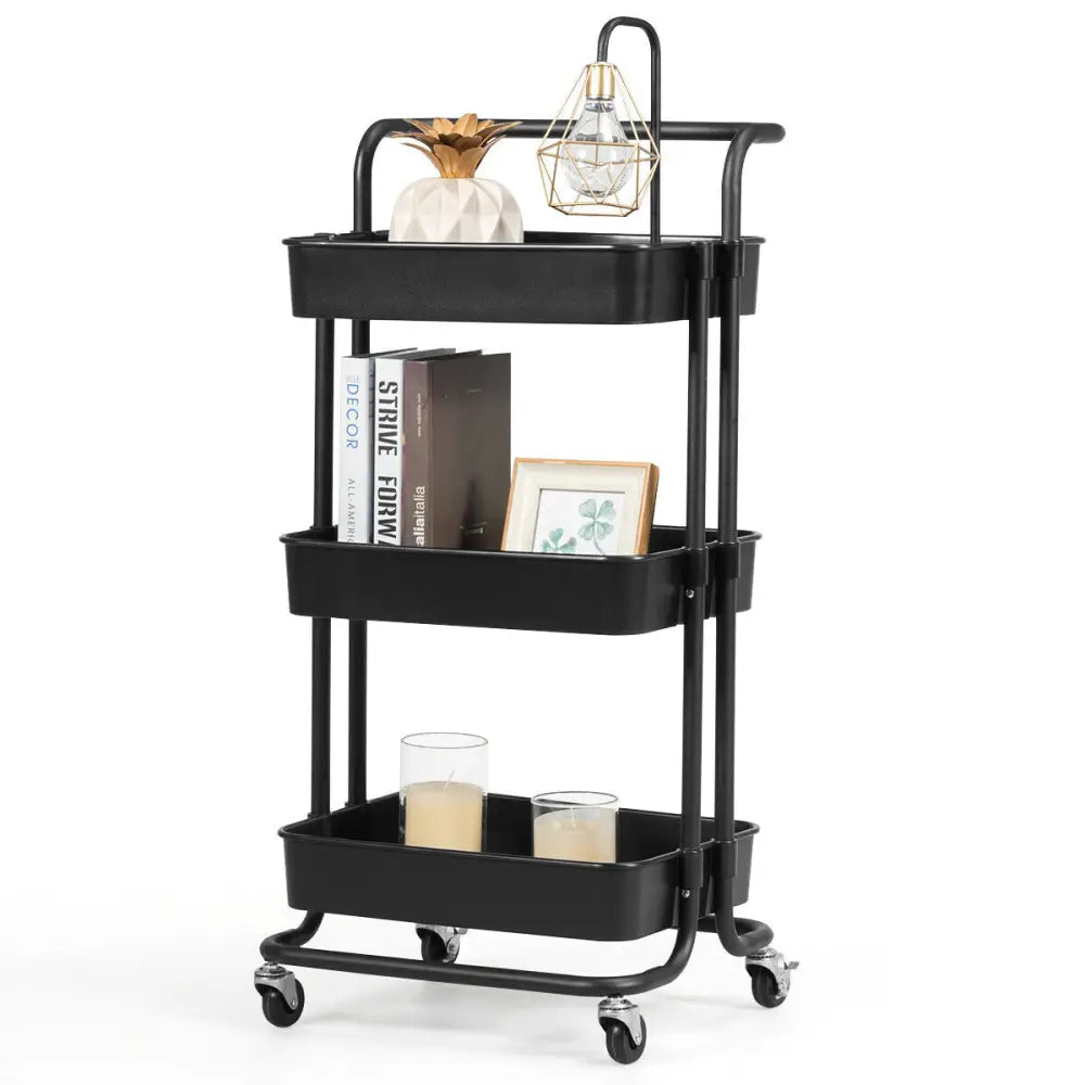 3-Tier Utility Cart Storage Rolling Cart with Casters-Black - Black - Kitchen Islands & Carts