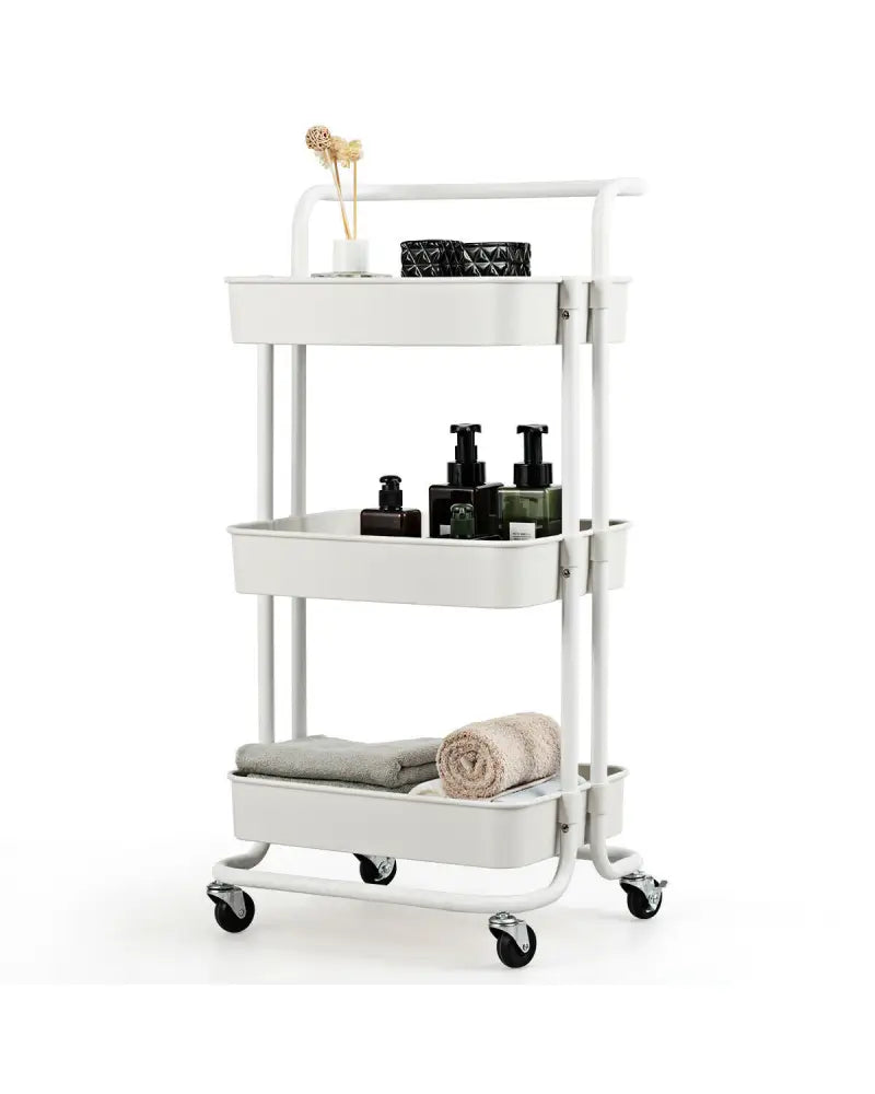 3-Tier Utility Cart Storage Rolling Cart with Casters-White - White - Kitchen Islands & Carts