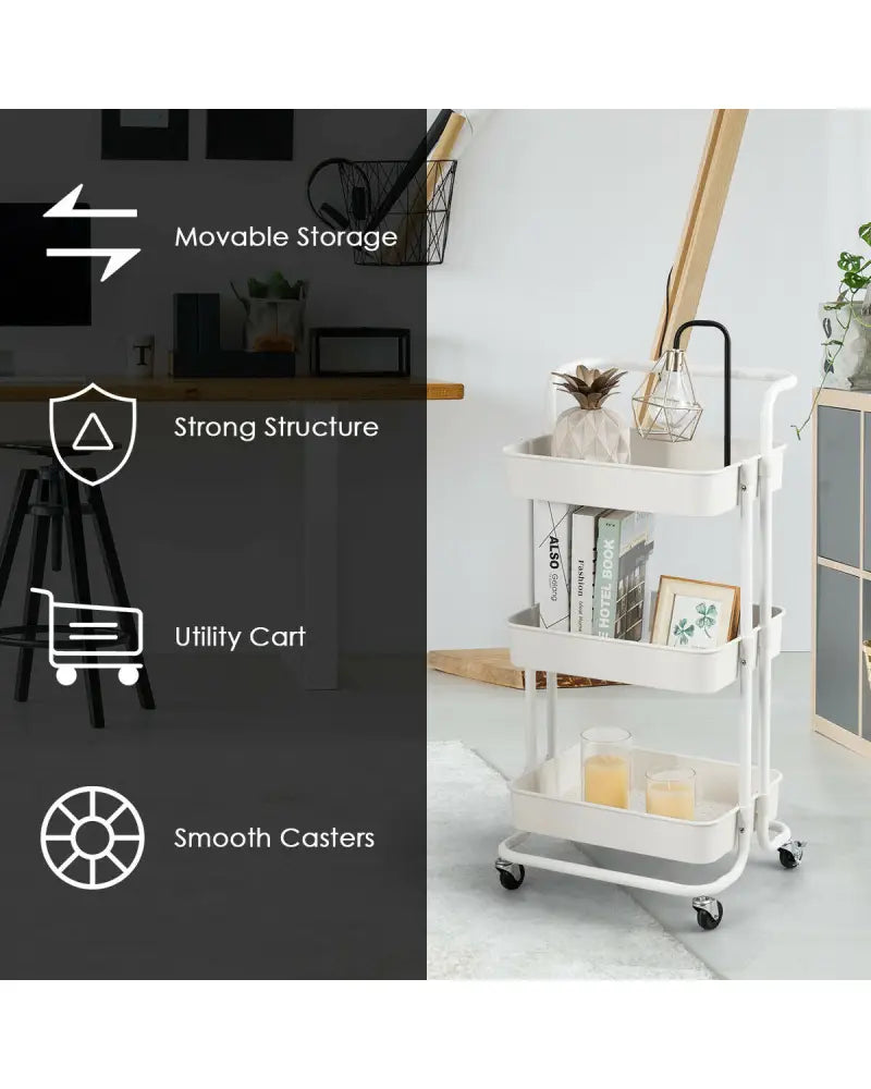 3-Tier Utility Cart Storage Rolling Cart with Casters-White - White - Kitchen Islands & Carts