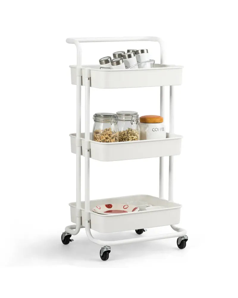 3-Tier Utility Cart Storage Rolling Cart with Casters-White - White - Kitchen Islands & Carts