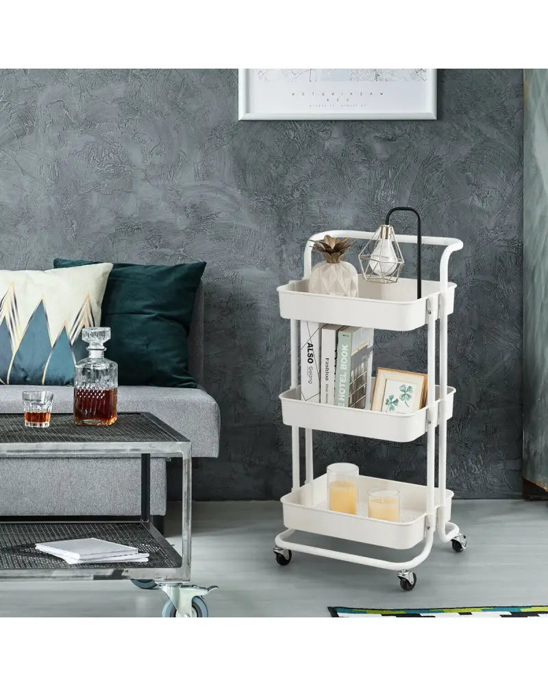 3-Tier Utility Cart Storage Rolling Cart with Casters-White - White - Kitchen Islands & Carts