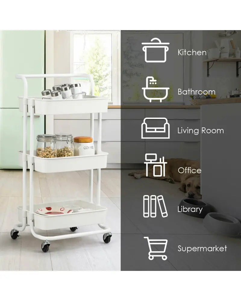 3-Tier Utility Cart Storage Rolling Cart with Casters-White - White - Kitchen Islands & Carts