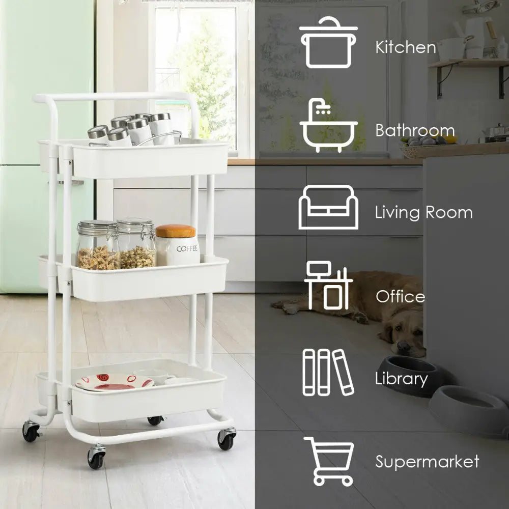 3-Tier Utility Cart Storage Rolling Cart with Casters-White - White - Kitchen Islands & Carts