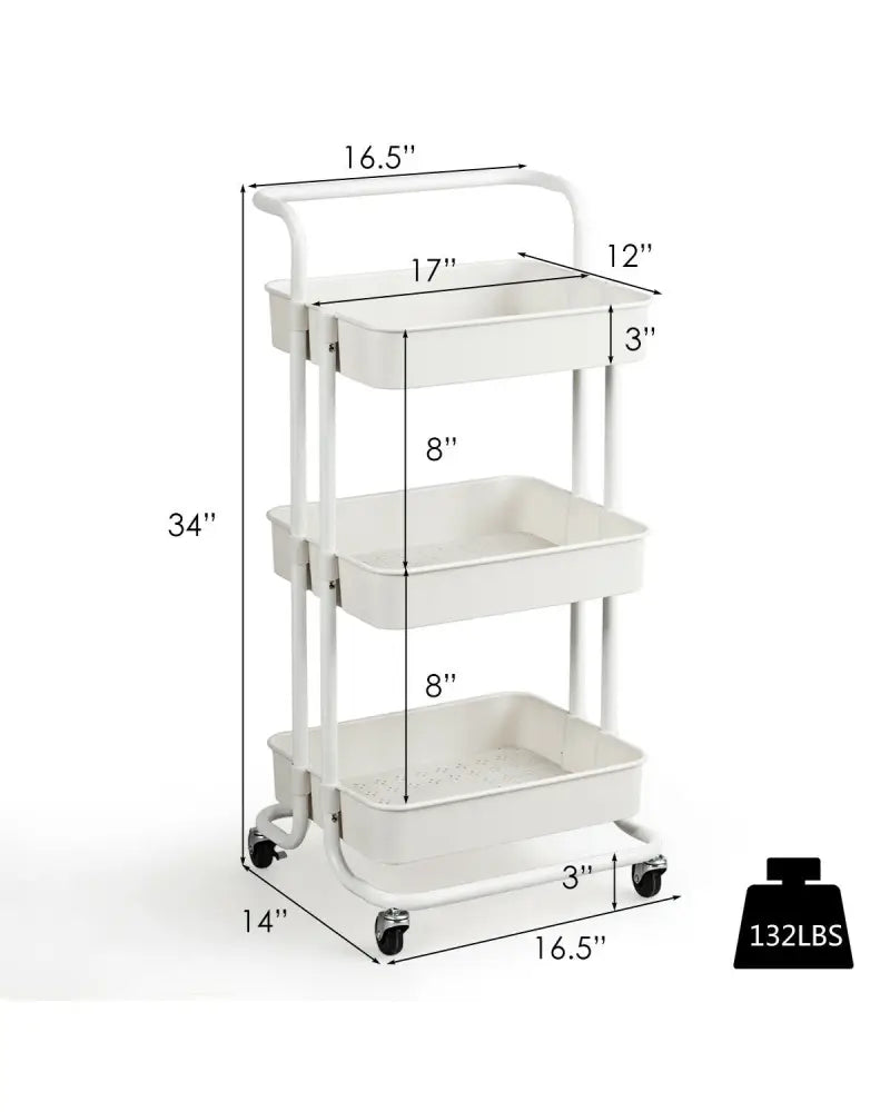 3-Tier Utility Cart Storage Rolling Cart with Casters-White - White - Kitchen Islands & Carts