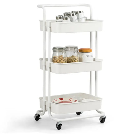 3-Tier Utility Cart Storage Rolling Cart with Casters-White Costway