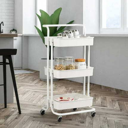 3-Tier Utility Cart Storage Rolling Cart with Casters-White Costway