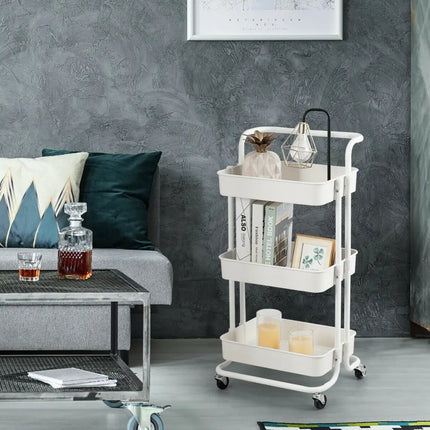 3-Tier Utility Cart Storage Rolling Cart with Casters-White Costway