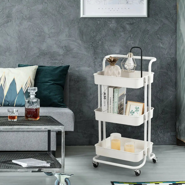 3-Tier Utility Cart Storage Rolling Cart with Casters-White Costway