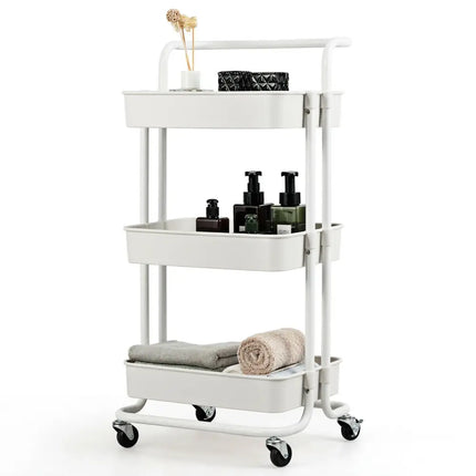 3-Tier Utility Cart Storage Rolling Cart with Casters-White Costway