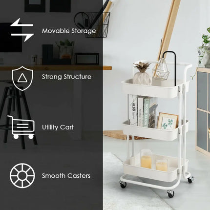 3-Tier Utility Cart Storage Rolling Cart with Casters-White Costway