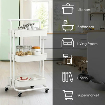3-Tier Utility Cart Storage Rolling Cart with Casters-White Costway