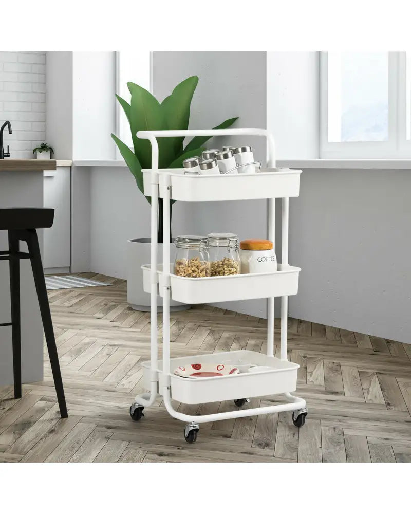 3-Tier Utility Cart Storage Rolling Cart with Casters-White - White - Kitchen Islands & Carts