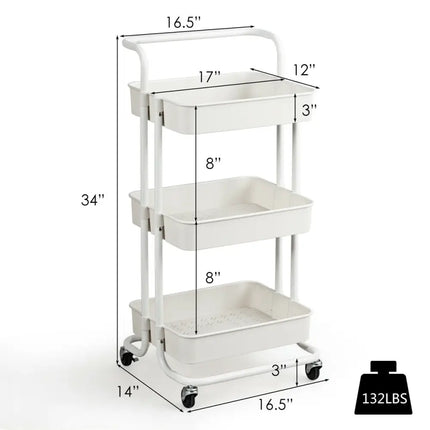 3-Tier Utility Cart Storage Rolling Cart with Casters-White Costway