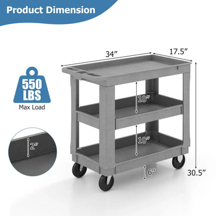 3-Tier Utility Cart with 550 LBS Max Load and Adjustable Middle Shelf-Gray - Gray - Garages