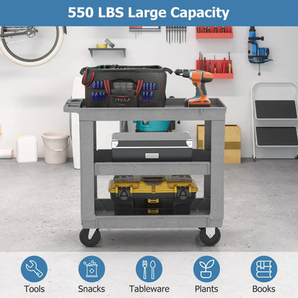 3-Tier Utility Cart with 550 LBS Max Load and Adjustable Middle Shelf-Gray - Gray - Garages