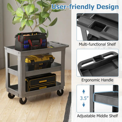 3-Tier Utility Cart with 550 LBS Max Load and Adjustable Middle Shelf-Gray - Gray - Garages