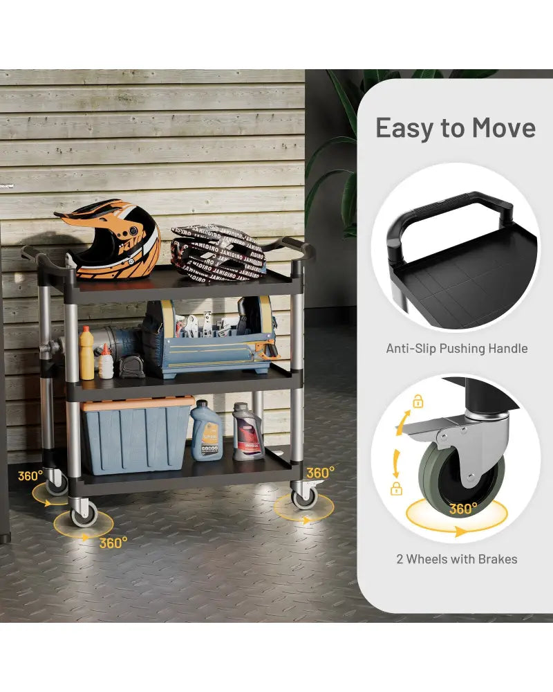 3-Tier Utility Service Cart with Lockable Wheels and Double Handles - Black - Garages