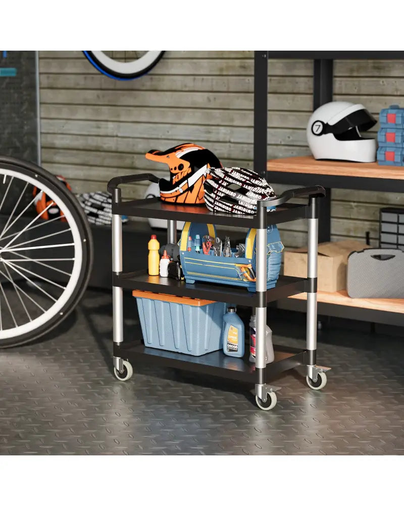 3-Tier Utility Service Cart with Lockable Wheels and Double Handles - Black - Garages