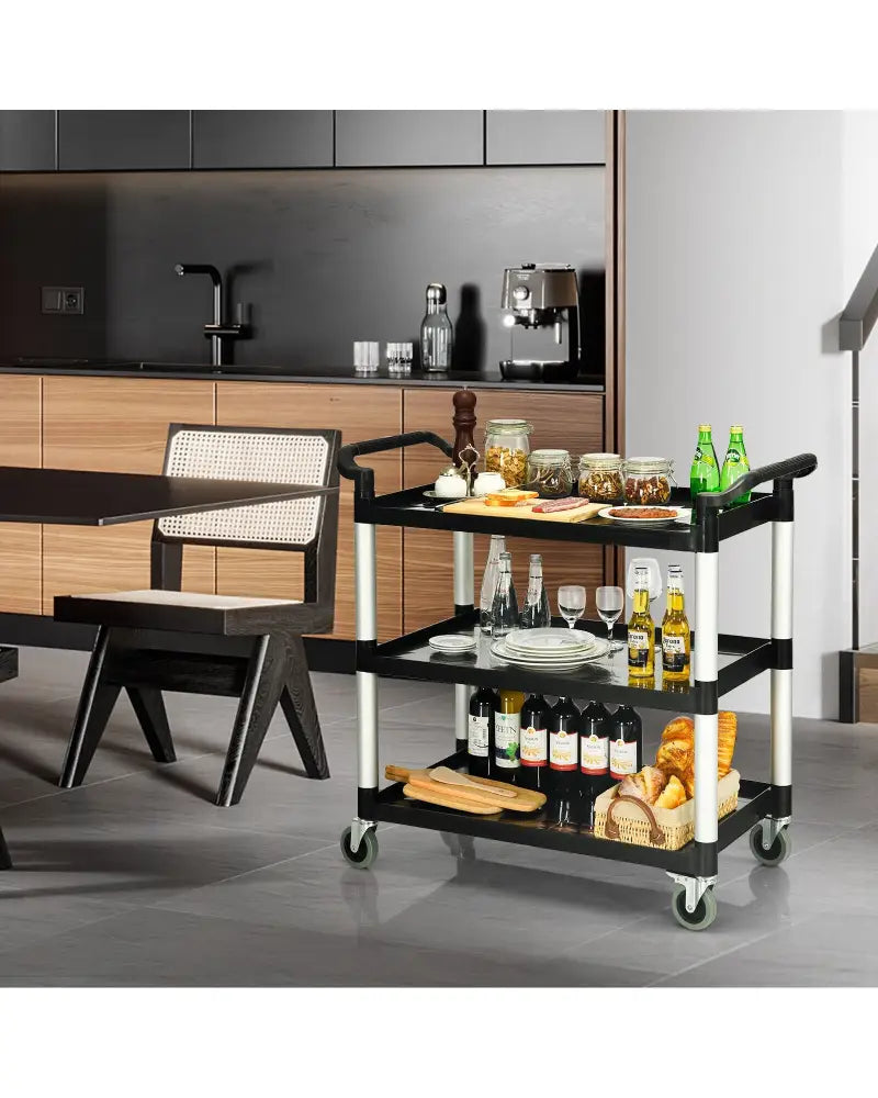 3-Tier Utility Service Cart with Lockable Wheels and Double Handles - Black - Garages