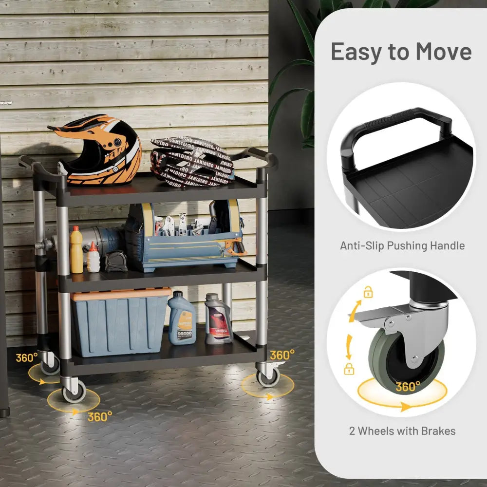 3-Tier Utility Service Cart with Lockable Wheels and Double Handles - Black - Garages
