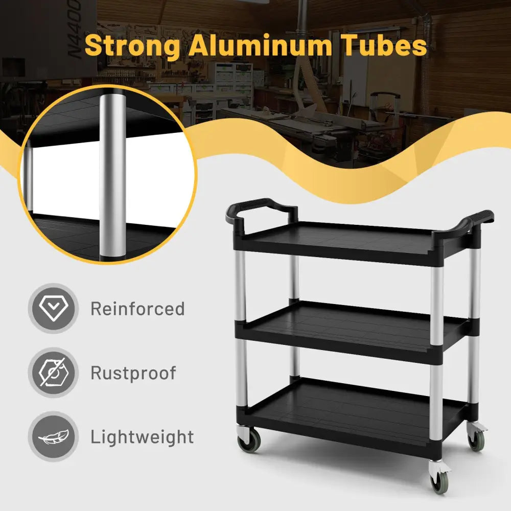3-Tier Utility Service Cart with Lockable Wheels and Double Handles - Black - Garages