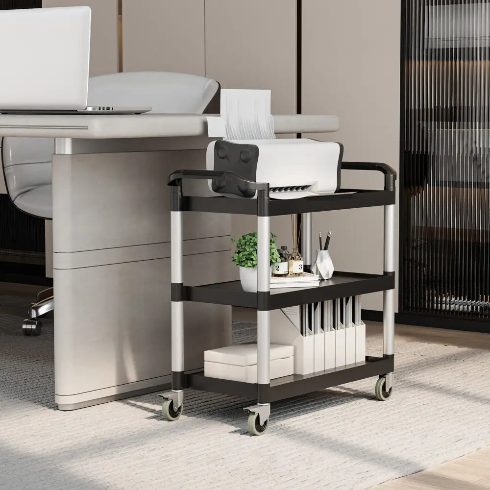 3-Tier Utility Service Cart with Lockable Wheels and Double Handles - Black - Garages