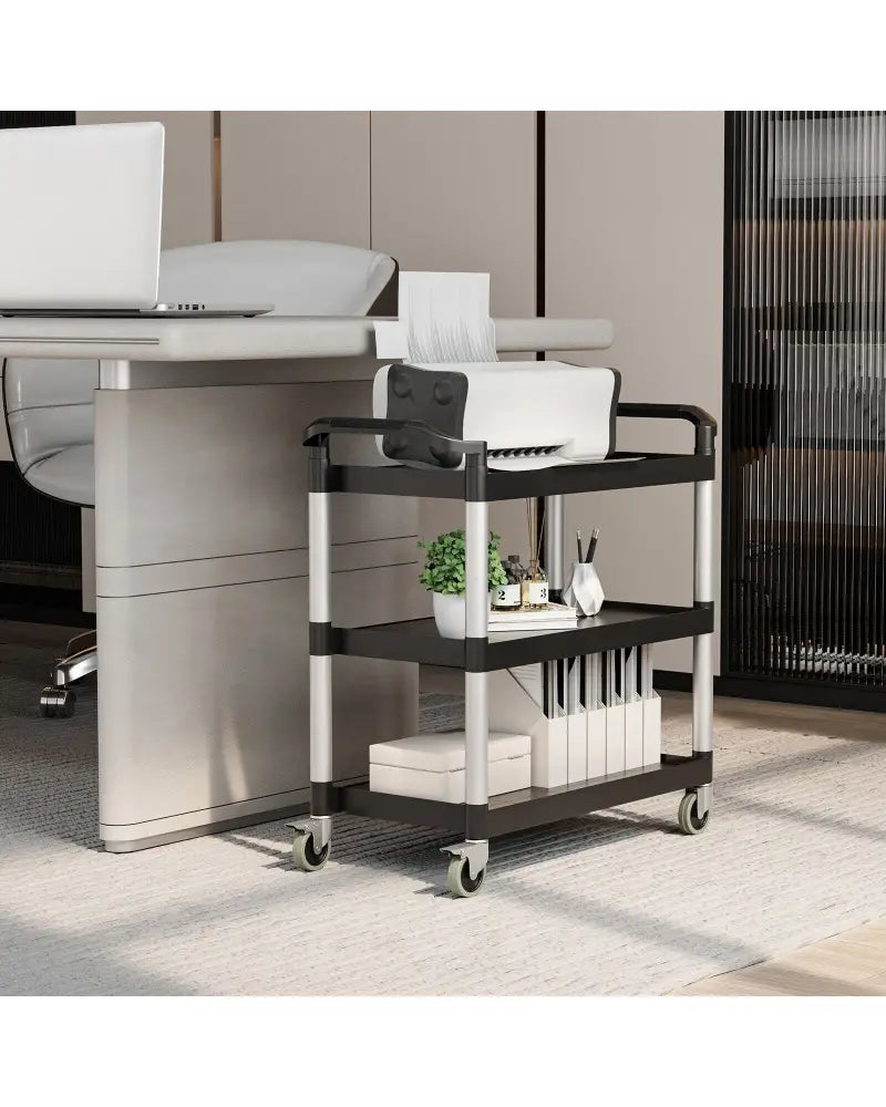 3-Tier Utility Service Cart with Lockable Wheels and Double Handles - Black - Garages
