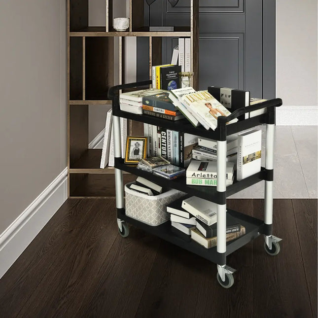 3-Tier Utility Service Cart with Lockable Wheels and Double Handles - Black - Garages