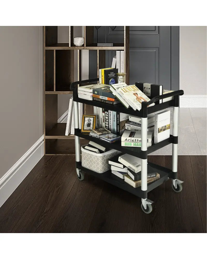 3-Tier Utility Service Cart with Lockable Wheels and Double Handles - Black - Garages
