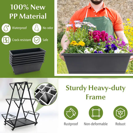 3-Tier Vertical Raised Garden Bed with 4 Wheels and 6 Container Boxes-Black - Black - Raised Garden Beds
