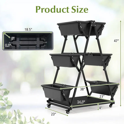 3-Tier Vertical Raised Garden Bed with 4 Wheels and 6 Container Boxes-Black - Black - Raised Garden Beds