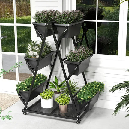 3-Tier Vertical Raised Garden Bed with 4 Wheels and 6 Container Boxes-Black - Black - Raised Garden Beds