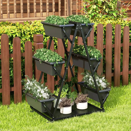3-Tier Vertical Raised Garden Bed with 4 Wheels and 6 Container Boxes-Black - Black - Raised Garden Beds
