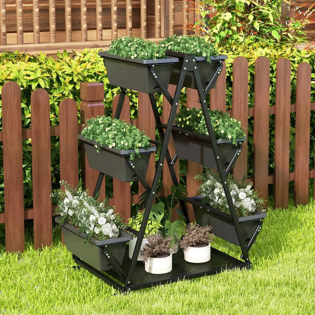 3-Tier Vertical Raised Garden Bed with 4 Wheels and 6 Container Boxes-Black - Black - Raised Garden Beds