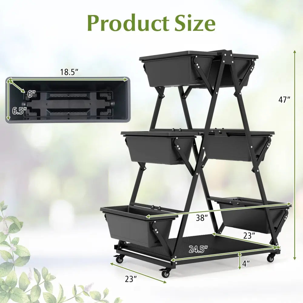 3-Tier Vertical Raised Garden Bed with 4 Wheels and 6 Container Boxes-Black - Black - Raised Garden Beds