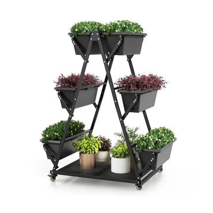 3-Tier Vertical Raised Garden Bed with 4 Wheels and 6 Container Boxes-Black - Black - Raised Garden Beds