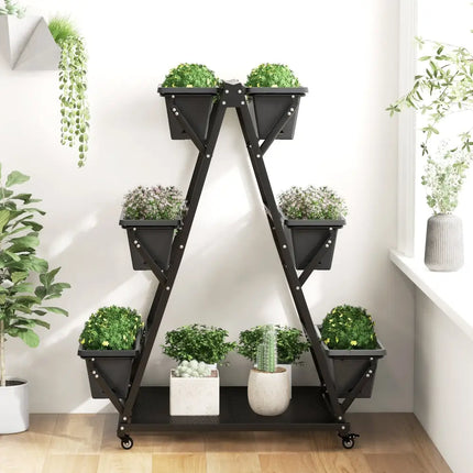 3-Tier Vertical Raised Garden Bed with 4 Wheels and 6 Container Boxes-Black - Black - Raised Garden Beds
