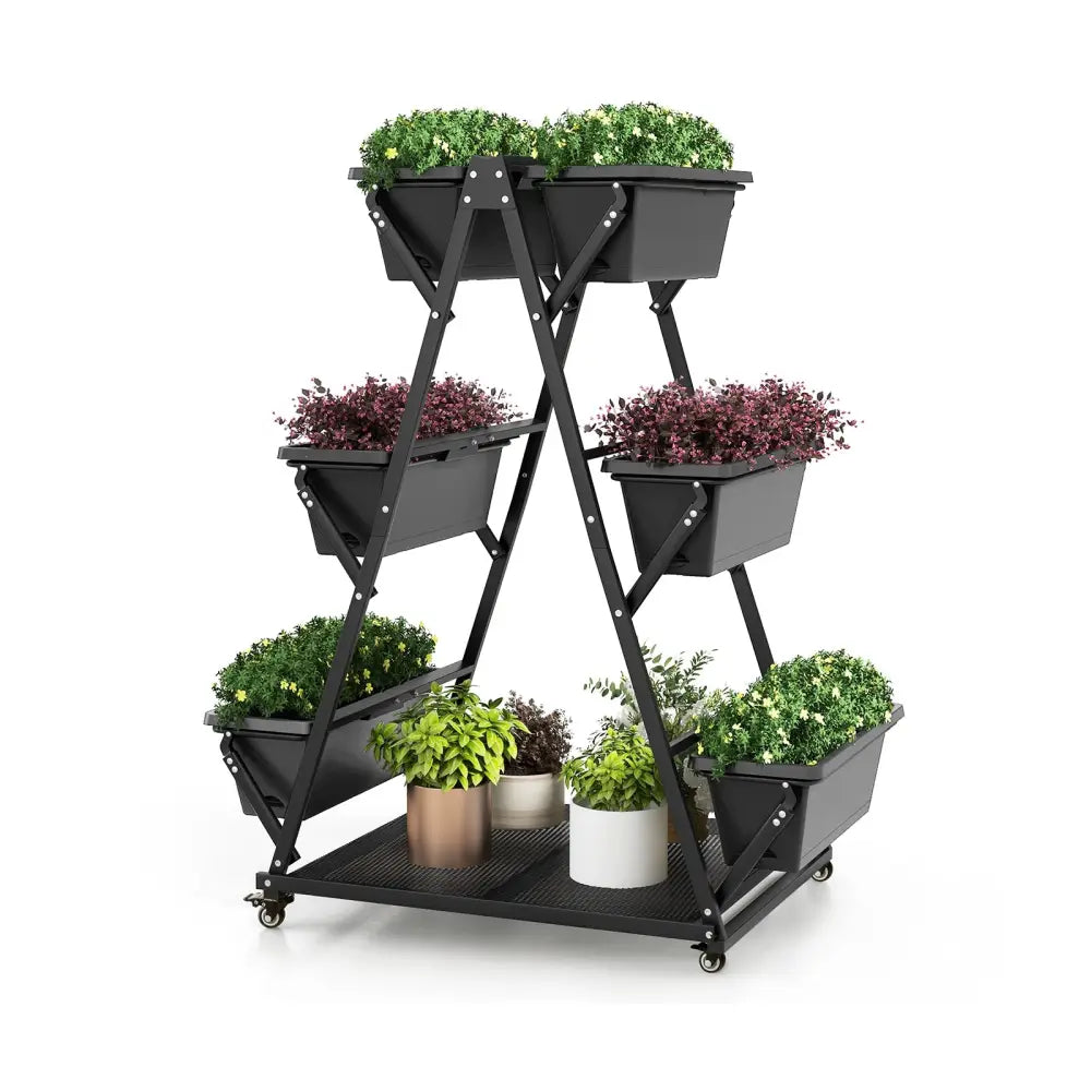 3-Tier Vertical Raised Garden Bed with 4 Wheels and 6 Container Boxes-Black - Black - Raised Garden Beds