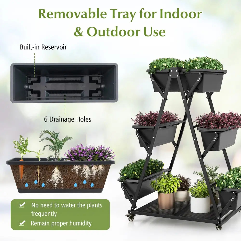 3-Tier Vertical Raised Garden Bed with 4 Wheels and 6 Container Boxes-Black - Black - Raised Garden Beds