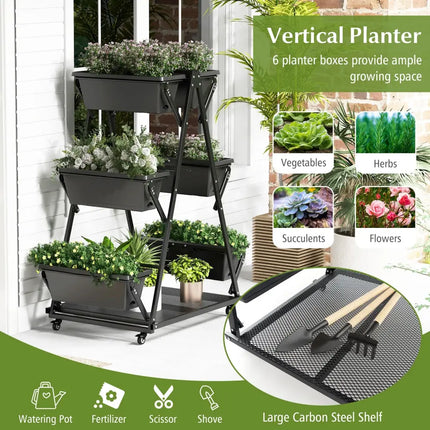3-Tier Vertical Raised Garden Bed with 4 Wheels and 6 Container Boxes-Black - Black - Raised Garden Beds