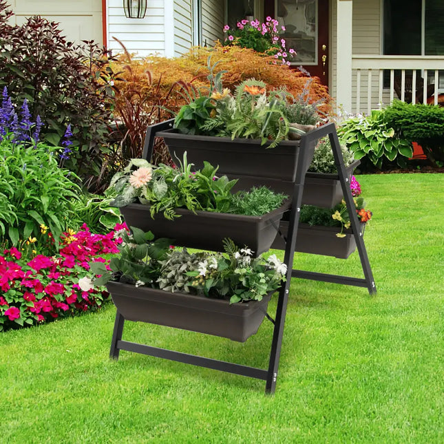 3-Tier Vertical Raised Garden Bed with 5 Plant Boxes - Brown - Raised Garden Beds