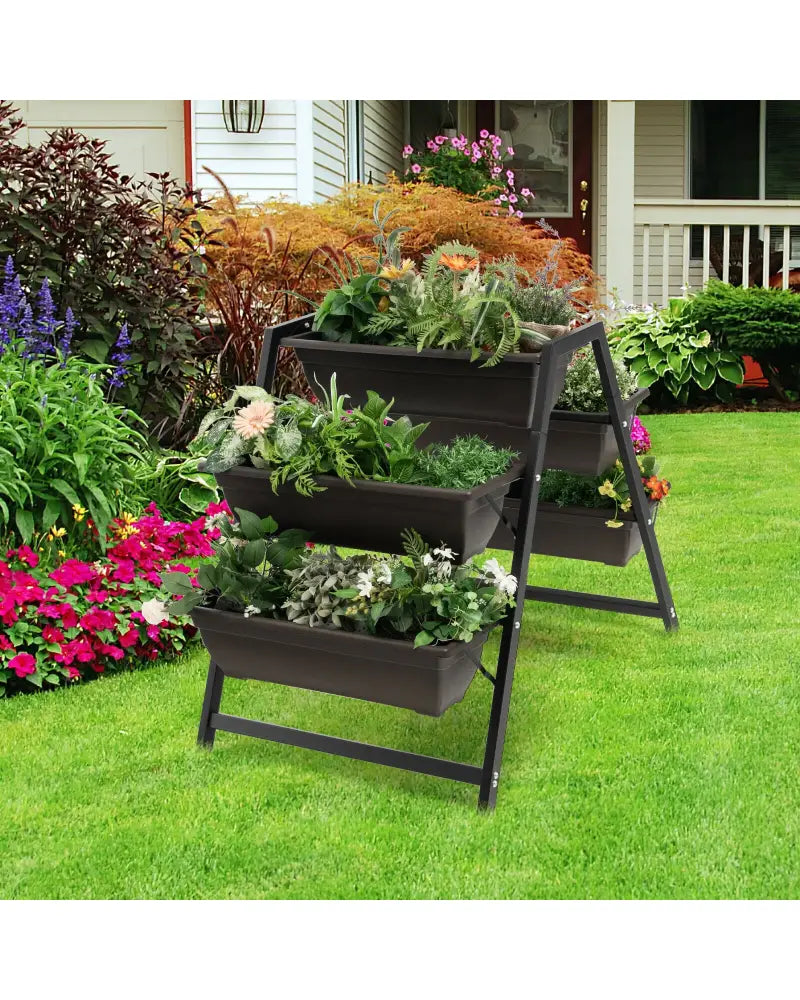 3-Tier Vertical Raised Garden Bed with 5 Plant Boxes - Brown - Raised Garden Beds