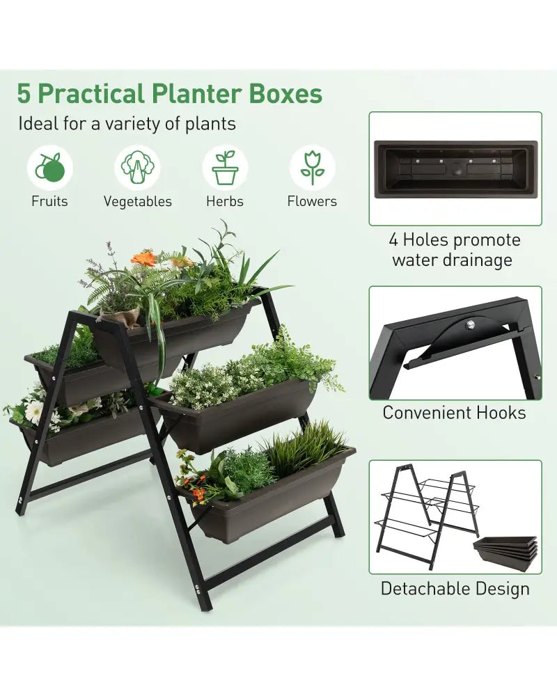 3-Tier Vertical Raised Garden Bed with 5 Plant Boxes - Brown - Raised Garden Beds