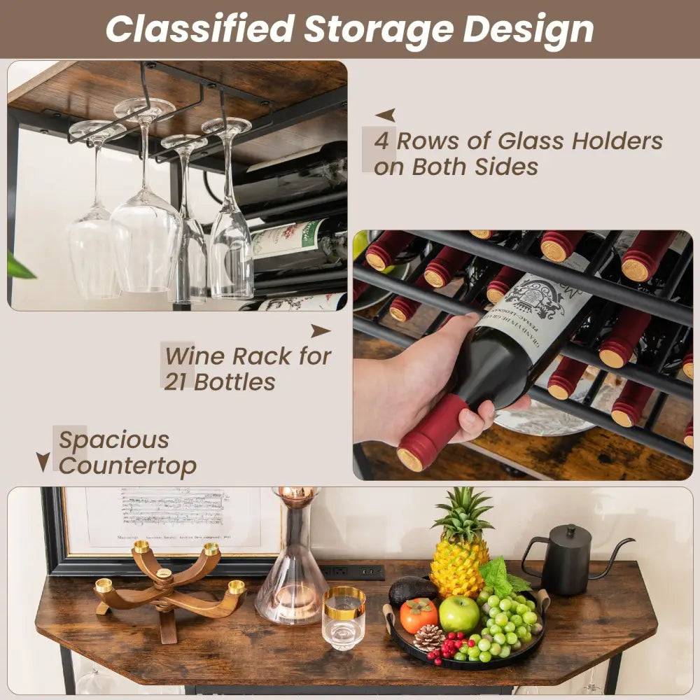 3-Tier Wine Bar Cabinet with Storage Shelves-Brown - Brown - Wine Racks