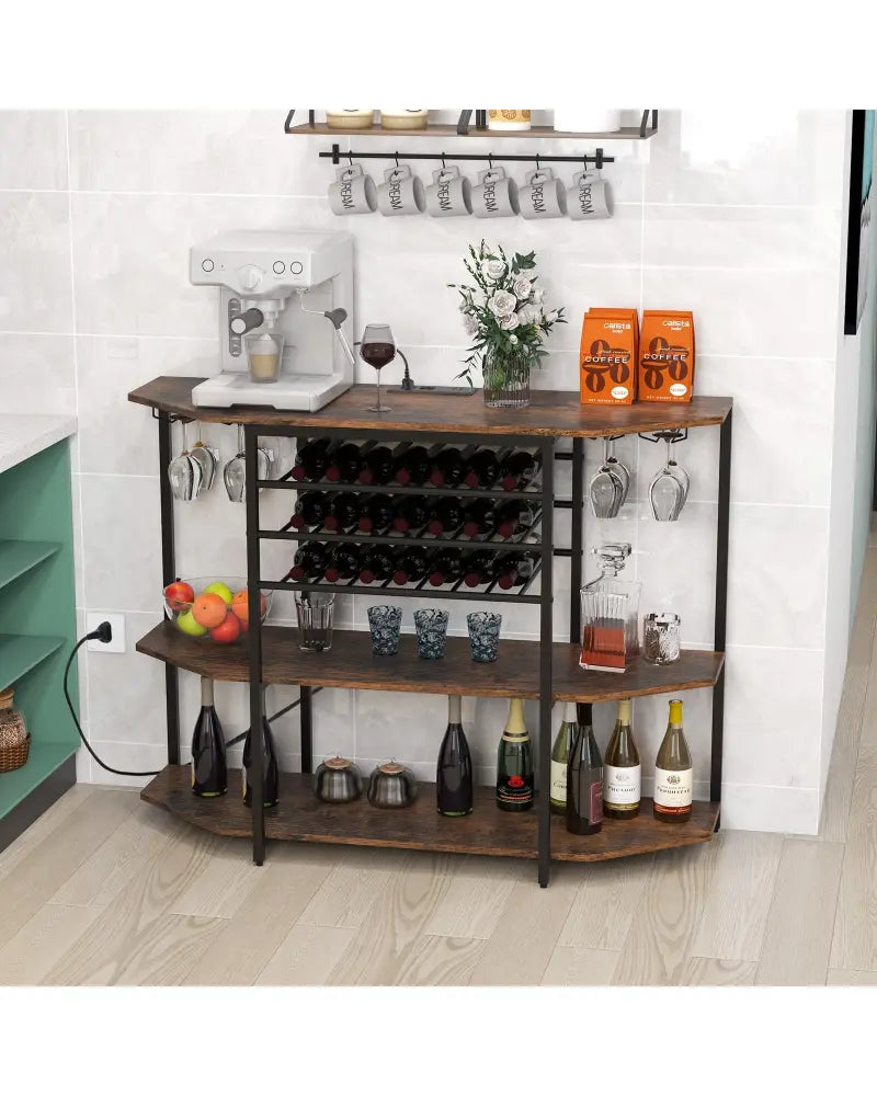 3-Tier Wine Bar Cabinet with Storage Shelves-Brown - Brown - Wine Racks