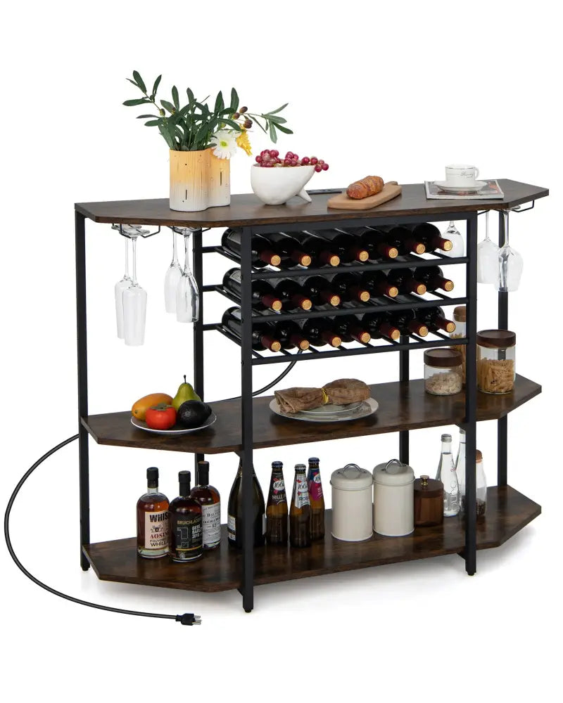 3-Tier Wine Bar Cabinet with Storage Shelves-Brown - Brown - Wine Racks